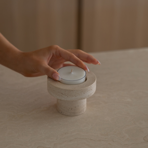 Sable Halo | Natural Stone Maxi Tea Light Candle Holder | Inc. Pack of x3 Maxi Tea Lights