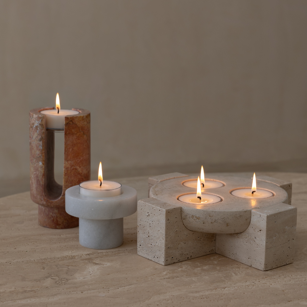 Sable Orbit | Natural Stone Maxi Tea Light Candle Holder | Inc. Pack of x3 Maxi Tea Lights