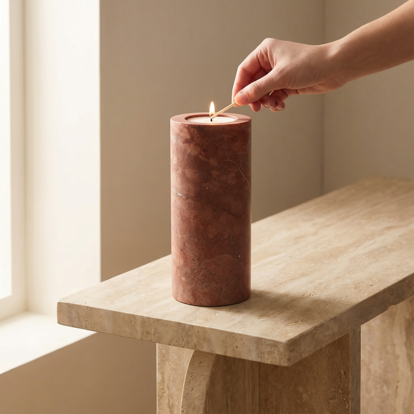 Terra Cove | Natural Stone Maxi Tea Light Candle Holder Vase | Inc. Pack of x3 Maxi Tea Lights