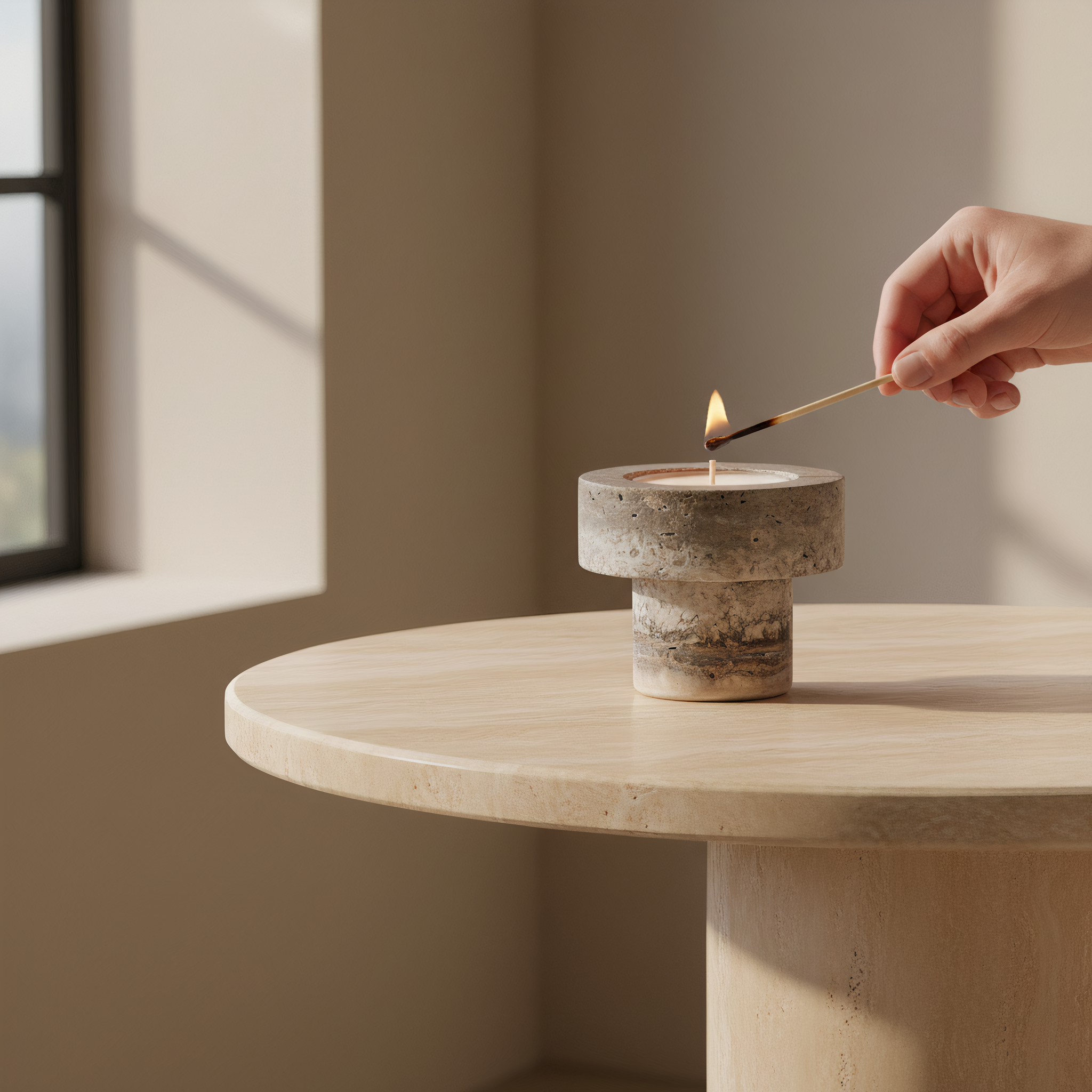 Alba Halo | Natural Stone Maxi Tea Light Candle Holder | Inc. Pack of x3 Maxi Tea Lights
