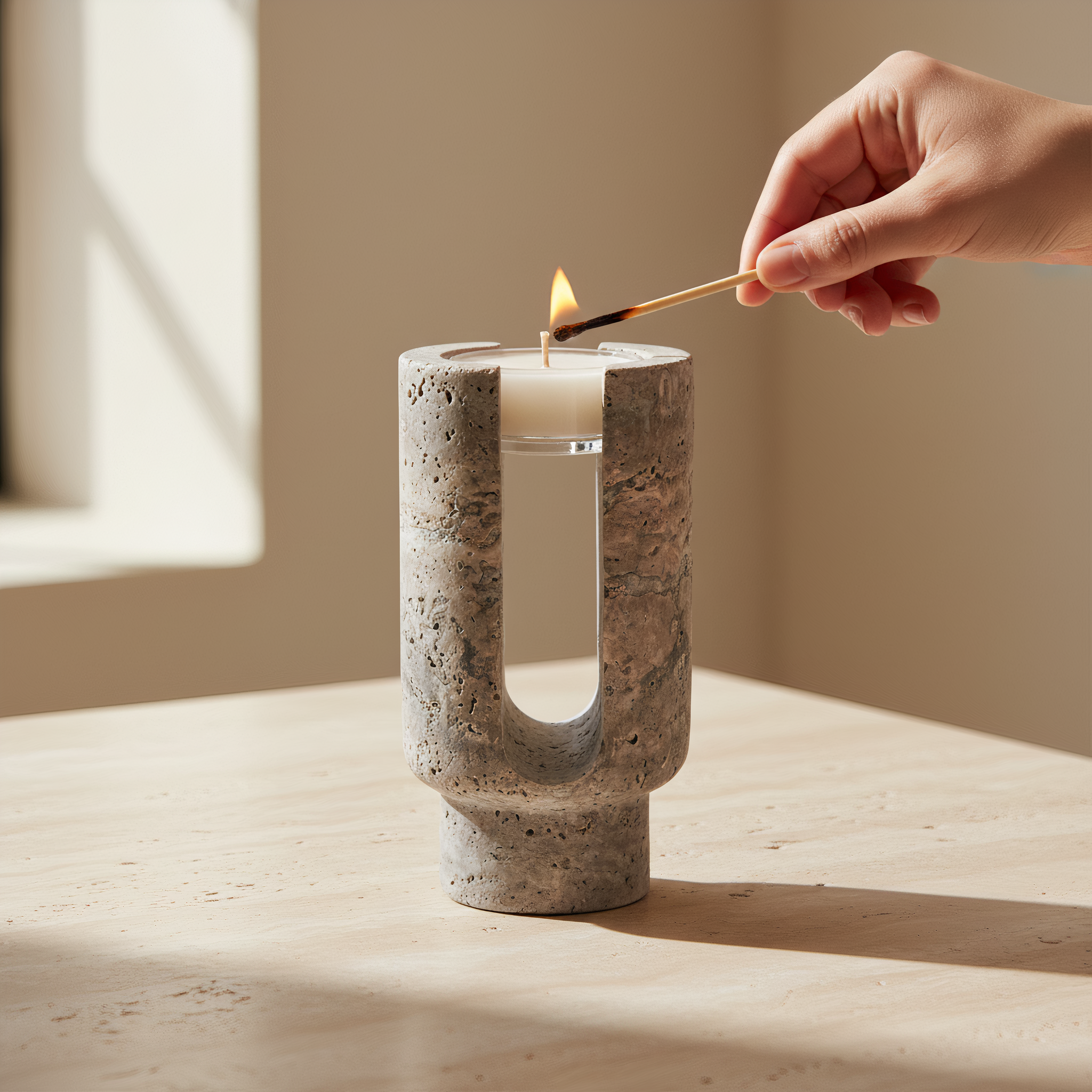 Alba Arch | Natural Stone Maxi Tea Light Candle Holder | Inc. Pack of x3 Maxi Tea Lights