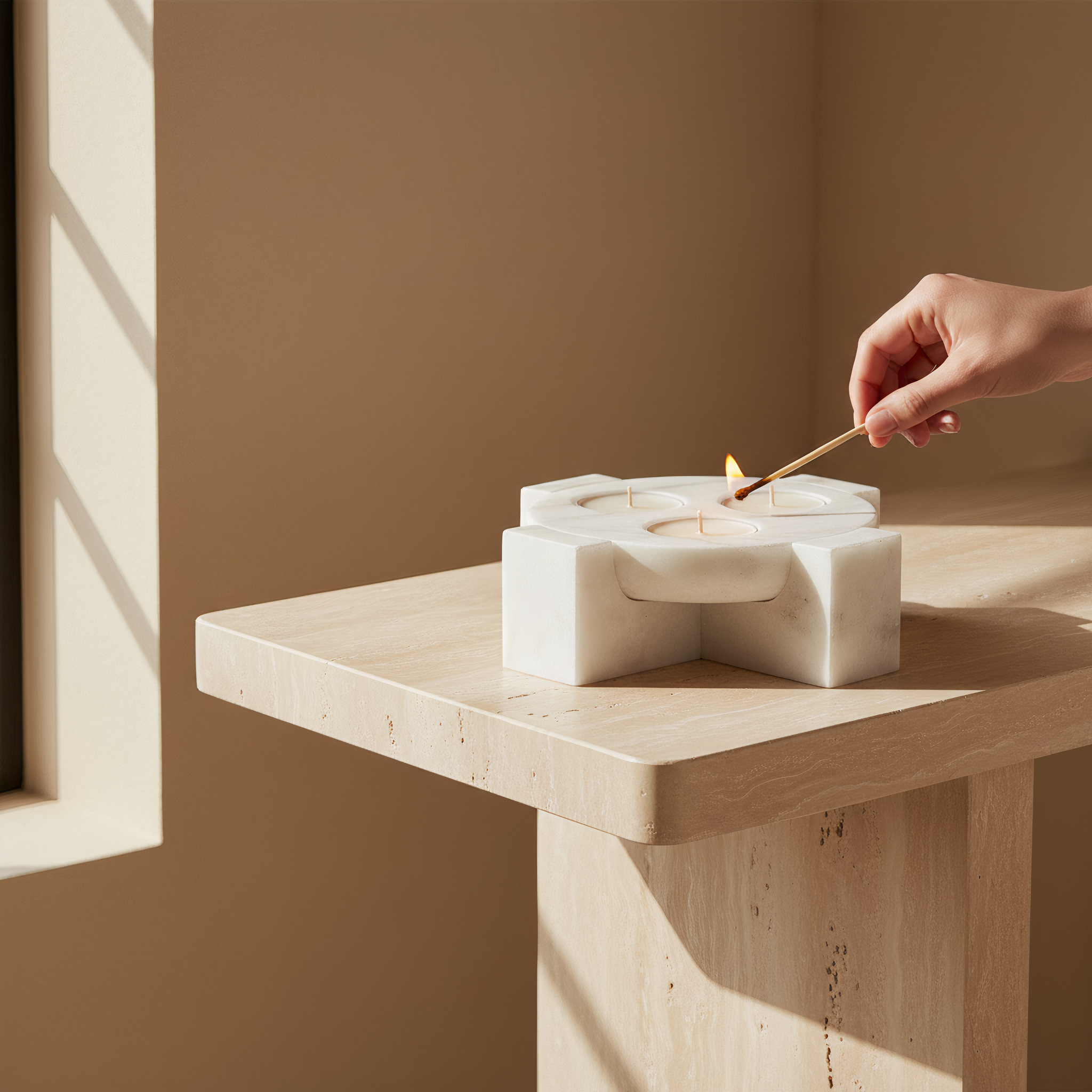 Luna Orbit | Natural Stone Maxi Tea Light Candle Holder | Inc. Pack of x3 Maxi Tea Lights