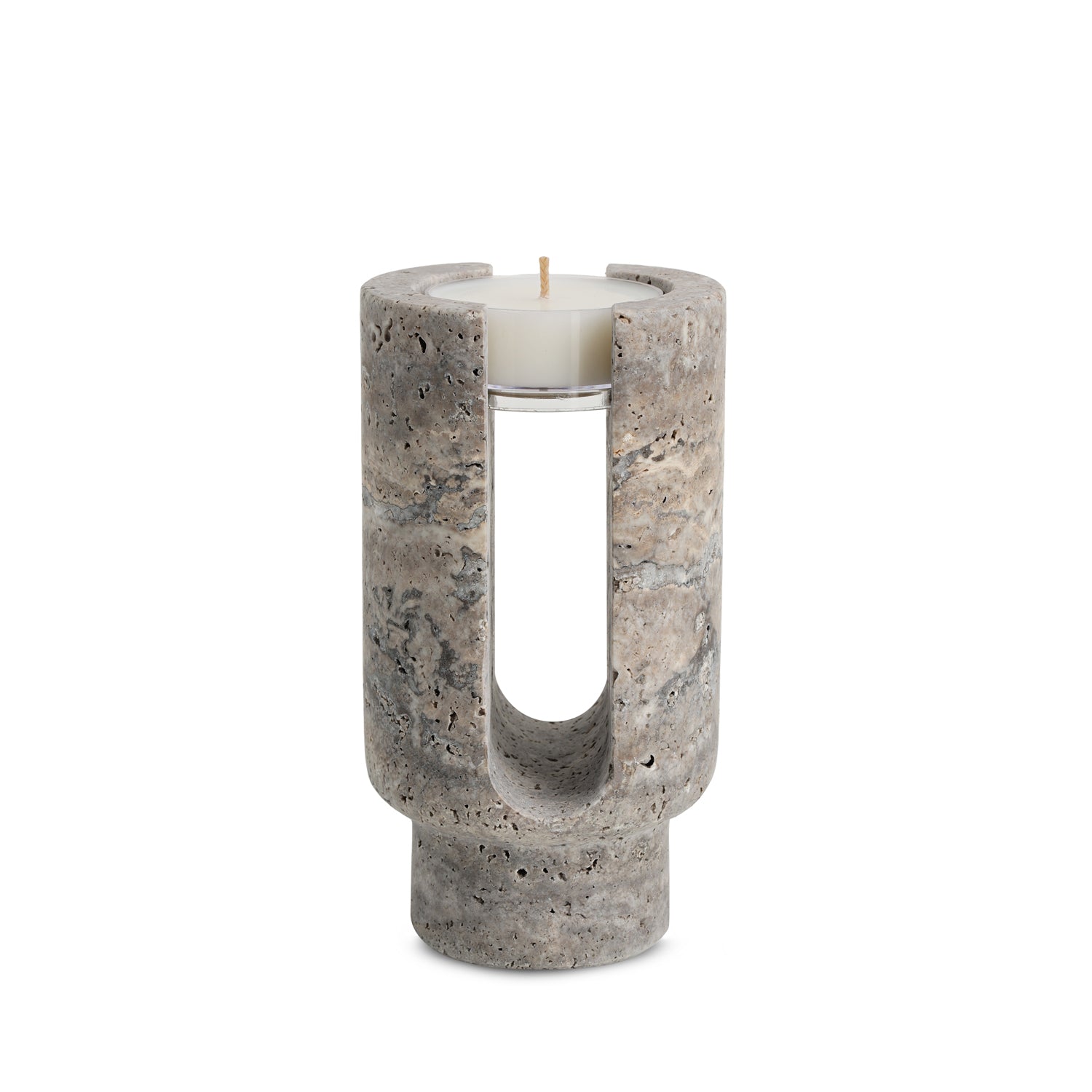 Alba Arch | Natural Stone Maxi Tea Light Candle Holder | Inc. Pack of x3 Maxi Tea Lights
