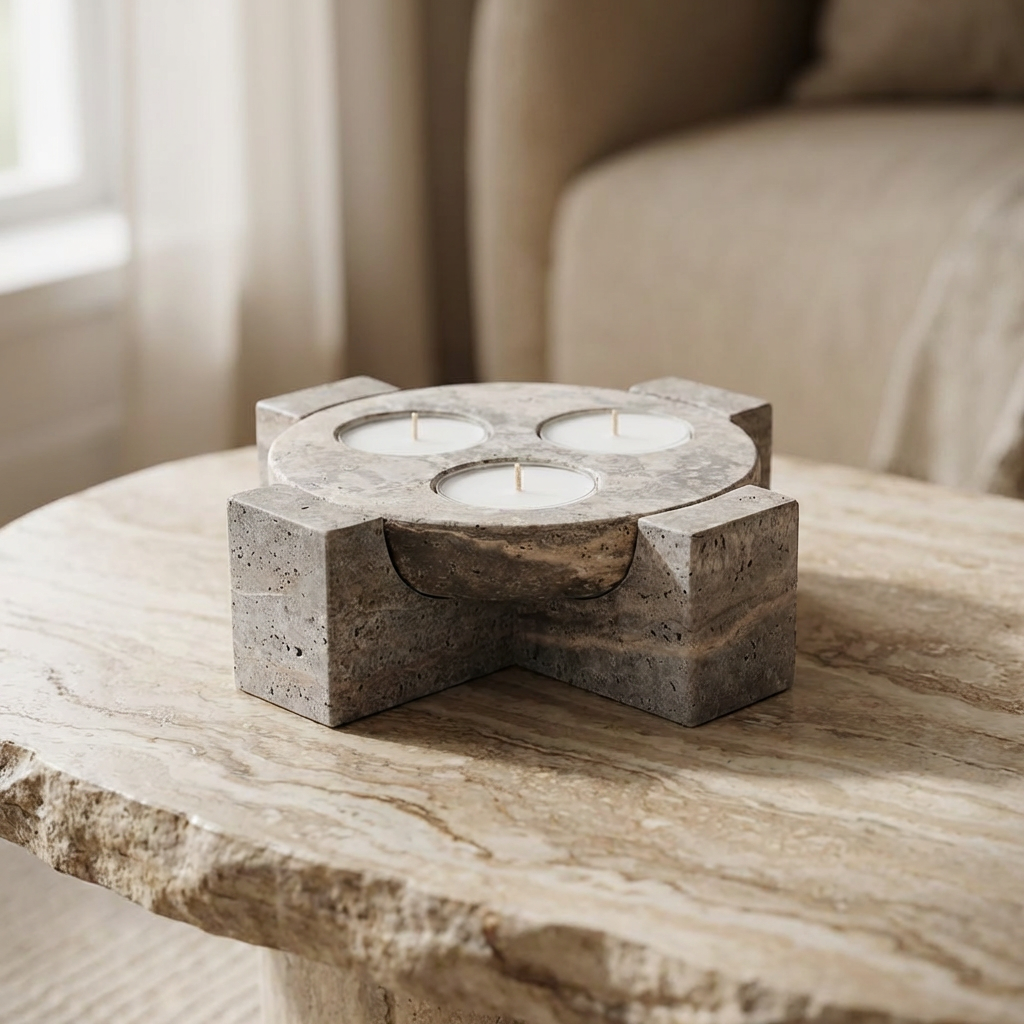 Alba Orbit | Natural Stone Maxi Tea Light Candle Holder | Inc. Pack of x3 Maxi Tea Lights