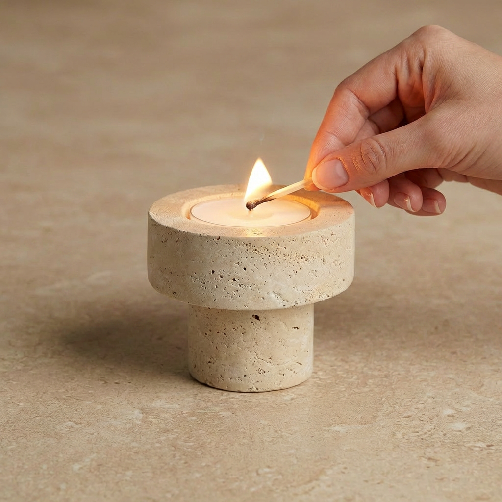 Sable Halo | Natural Stone Maxi Tea Light Candle Holder | Inc. Pack of x3 Maxi Tea Lights