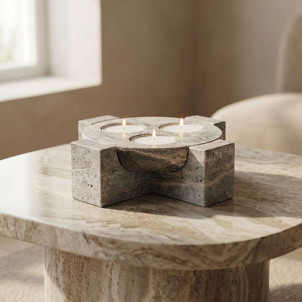 Alba Orbit | Natural Stone Maxi Tea Light Candle Holder | Inc. Pack of x3 Maxi Tea Lights