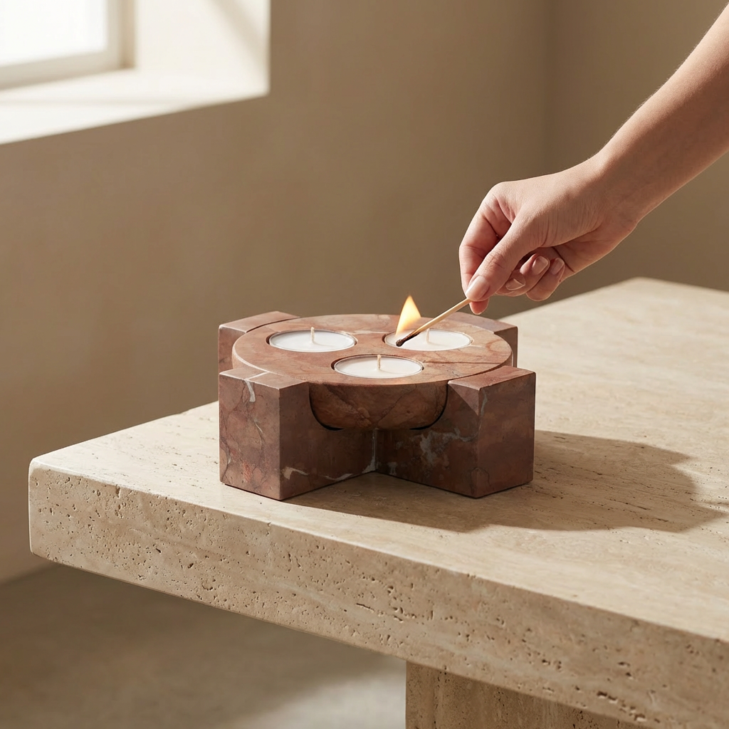 Terra Orbit | Natural Stone Maxi Tea Light Candle Holder | Inc. Pack of x3 Maxi Tea Lights