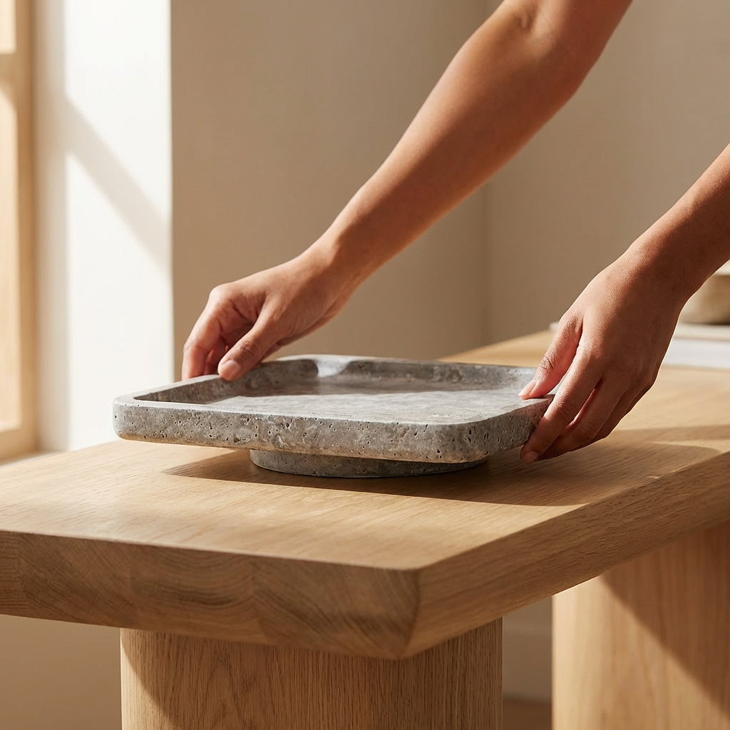 Alba Dune | Natural Stone Statement Tray | Inc. Pack of x3 Maxi Tea Lights