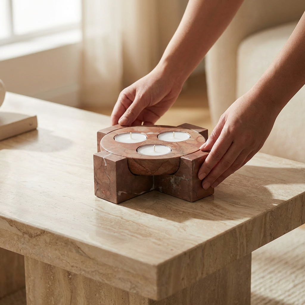 Terra Orbit | Natural Stone Maxi Tea Light Candle Holder | Inc. Pack of x3 Maxi Tea Lights