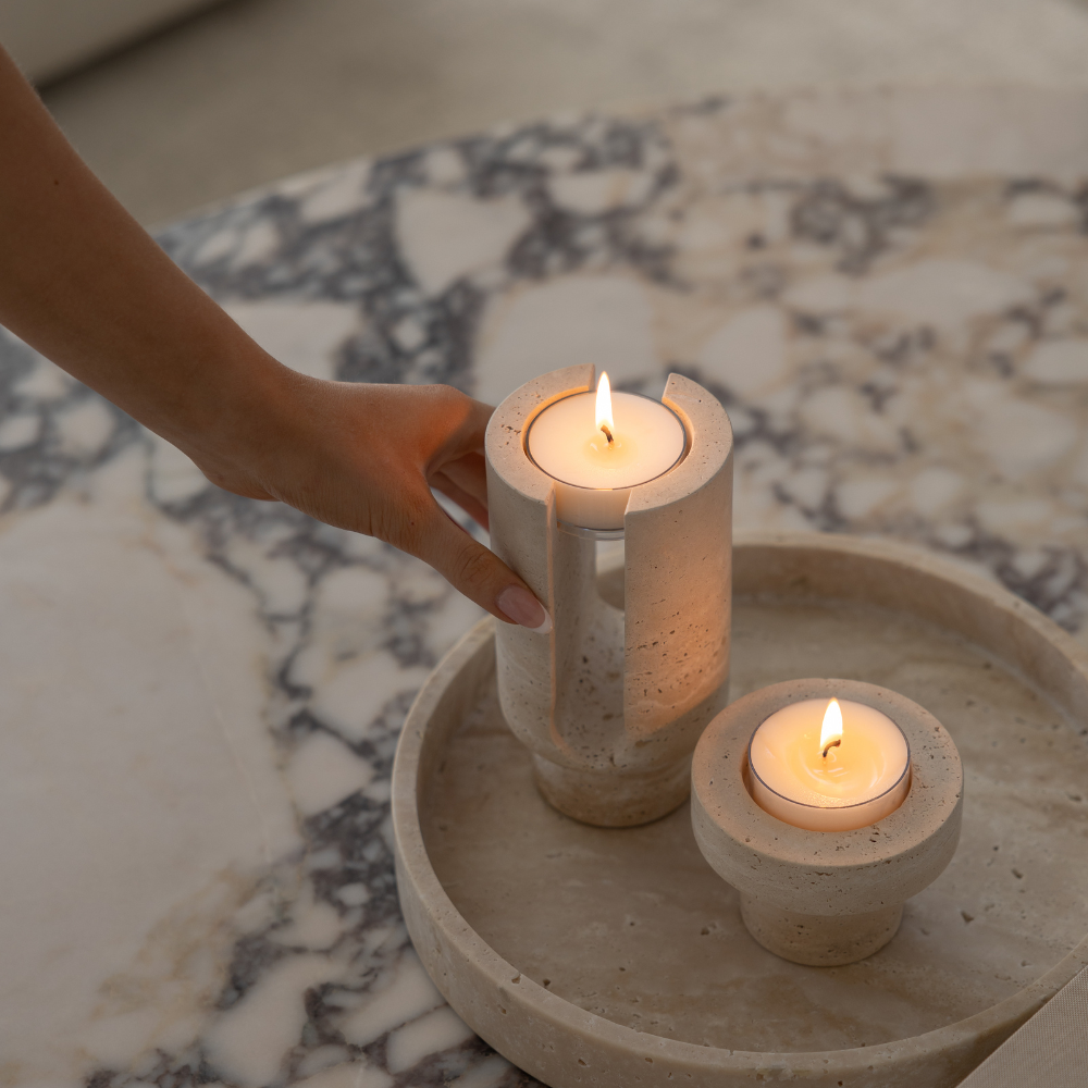Sable Halo | Natural Stone Maxi Tea Light Candle Holder | Inc. Pack of x3 Maxi Tea Lights