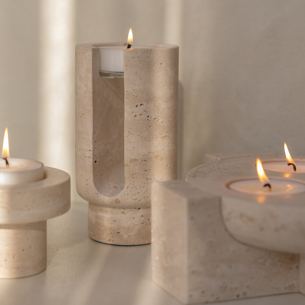 Sable Arch | Natural Stone Maxi Tea Light Candle Holder | Inc. Pack of x3 Maxi Tea Lights