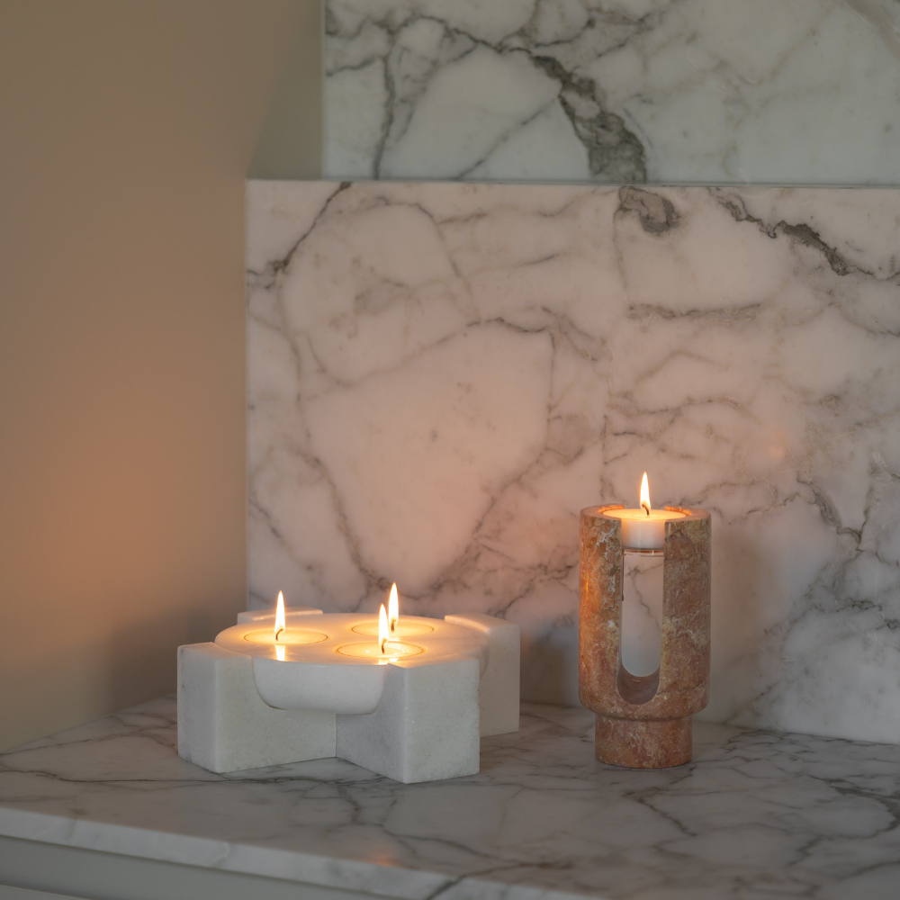 Terra Arch | Natural Stone Maxi Tea Light Candle Holder | Inc. Pack of x3 Maxi Tea Lights