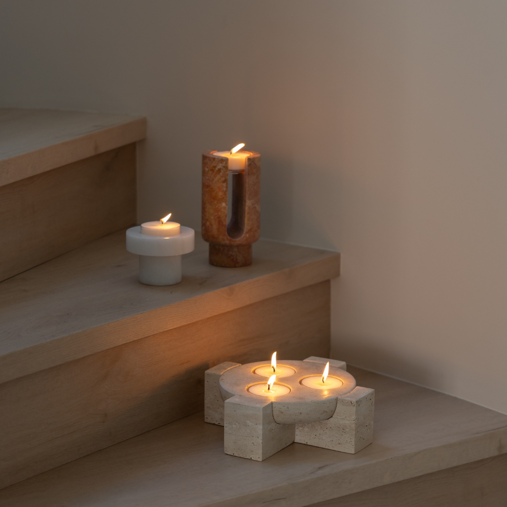 Luna Halo | Natural Stone Maxi Tea Light Candle Holder | Inc. Pack of x3 Maxi Tea Lights