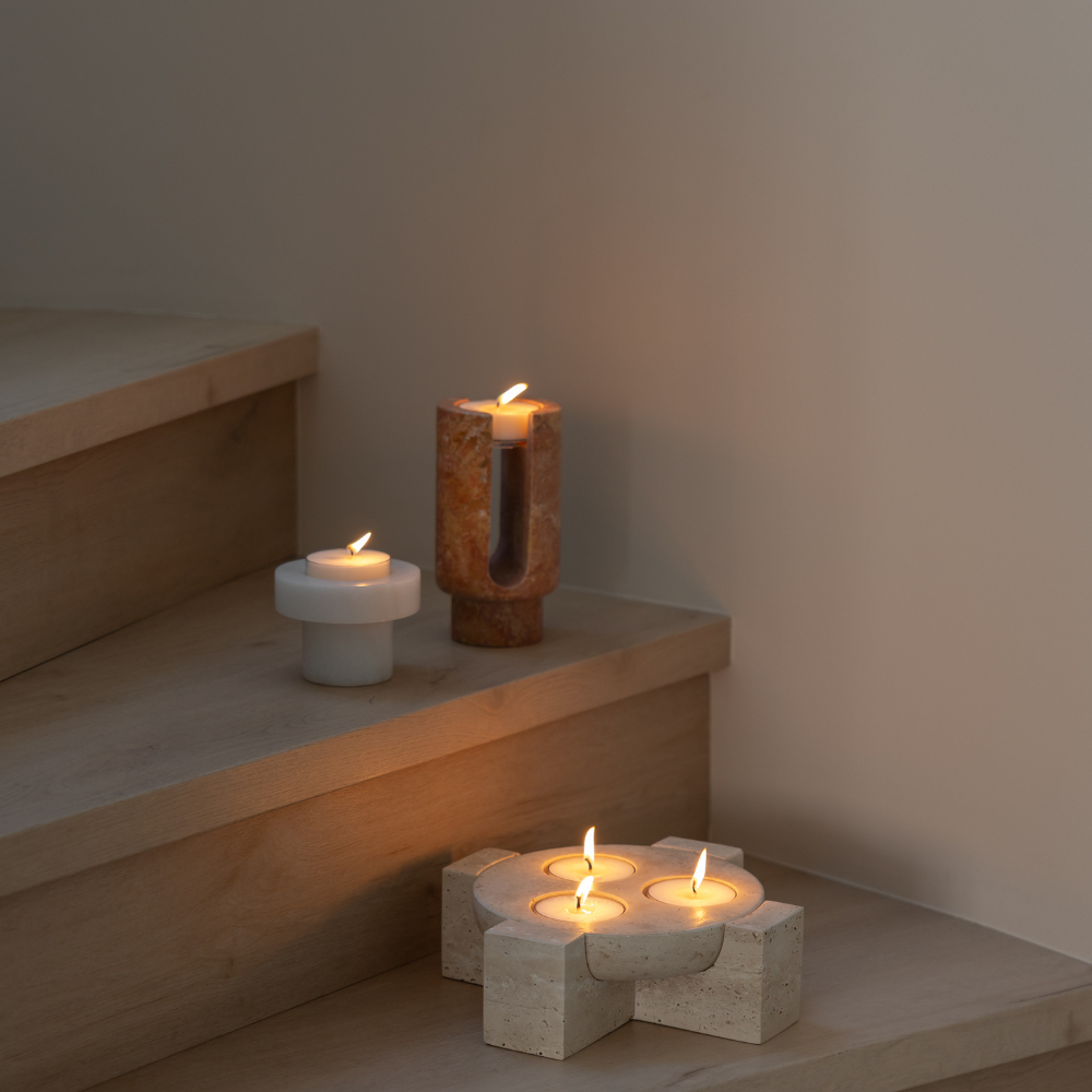 Terra Arch | Natural Stone Maxi Tea Light Candle Holder | Inc. Pack of x3 Maxi Tea Lights