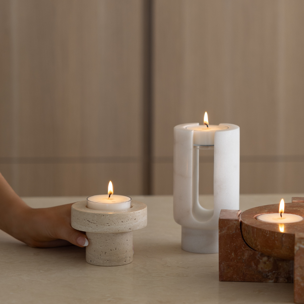 Sable Halo | Natural Stone Maxi Tea Light Candle Holder | Inc. Pack of x3 Maxi Tea Lights