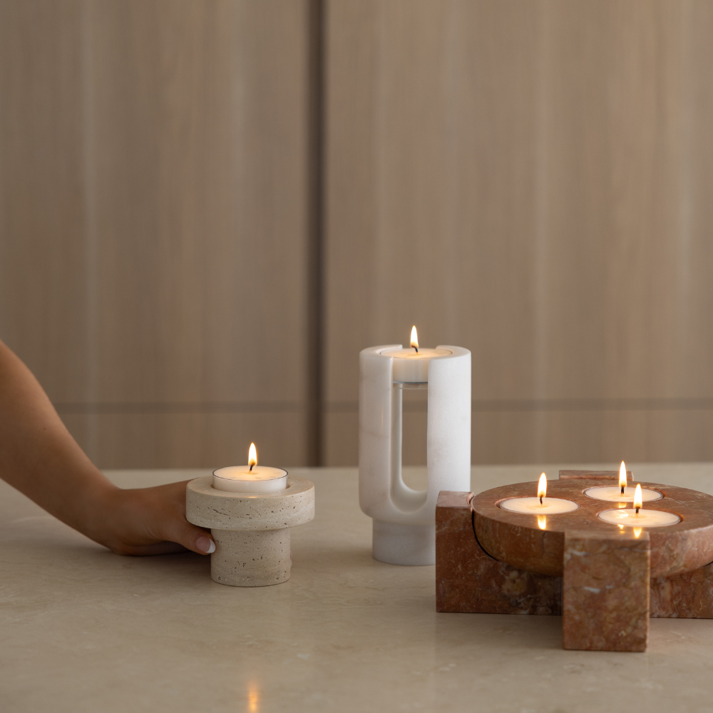 Luna Arch | Natural Stone Maxi Tea Light Candle Holder | Inc. Pack of x3 Maxi Tea Lights