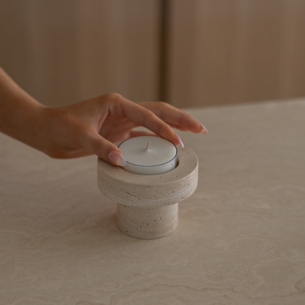 Sable Halo | Natural Stone Maxi Tea Light Candle Holder | Inc. Pack of x3 Maxi Tea Lights