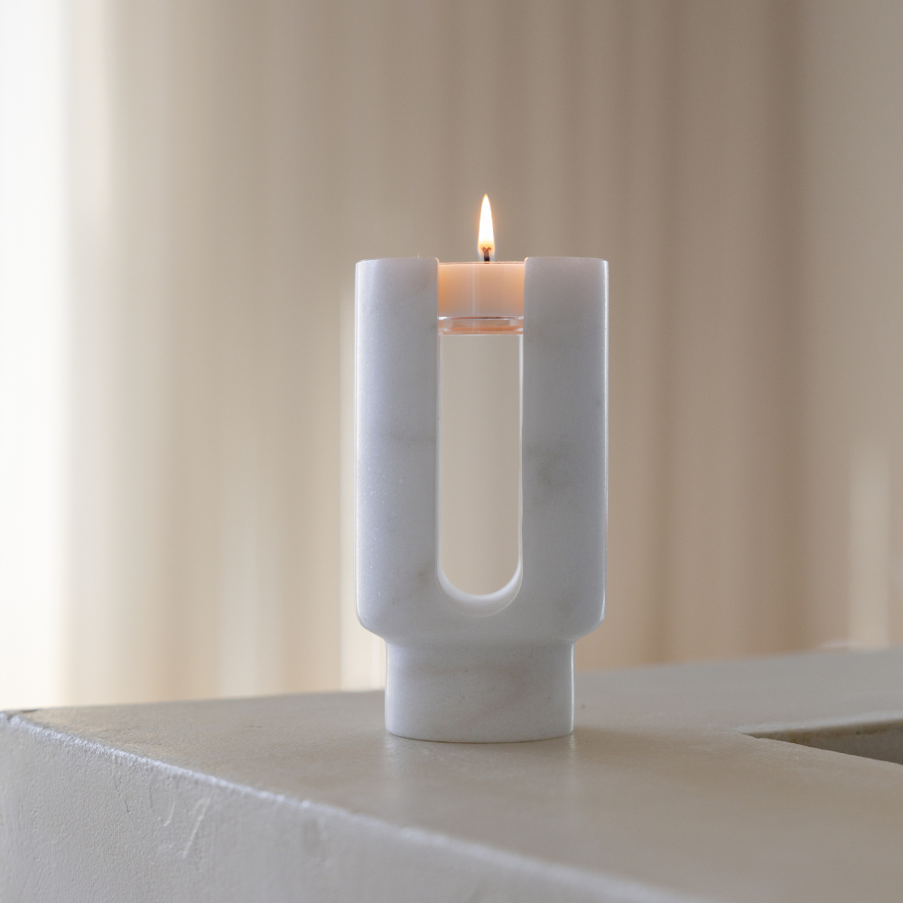 Luna Arch | Natural Stone Maxi Tea Light Candle Holder | Inc. Pack of x3 Maxi Tea Lights