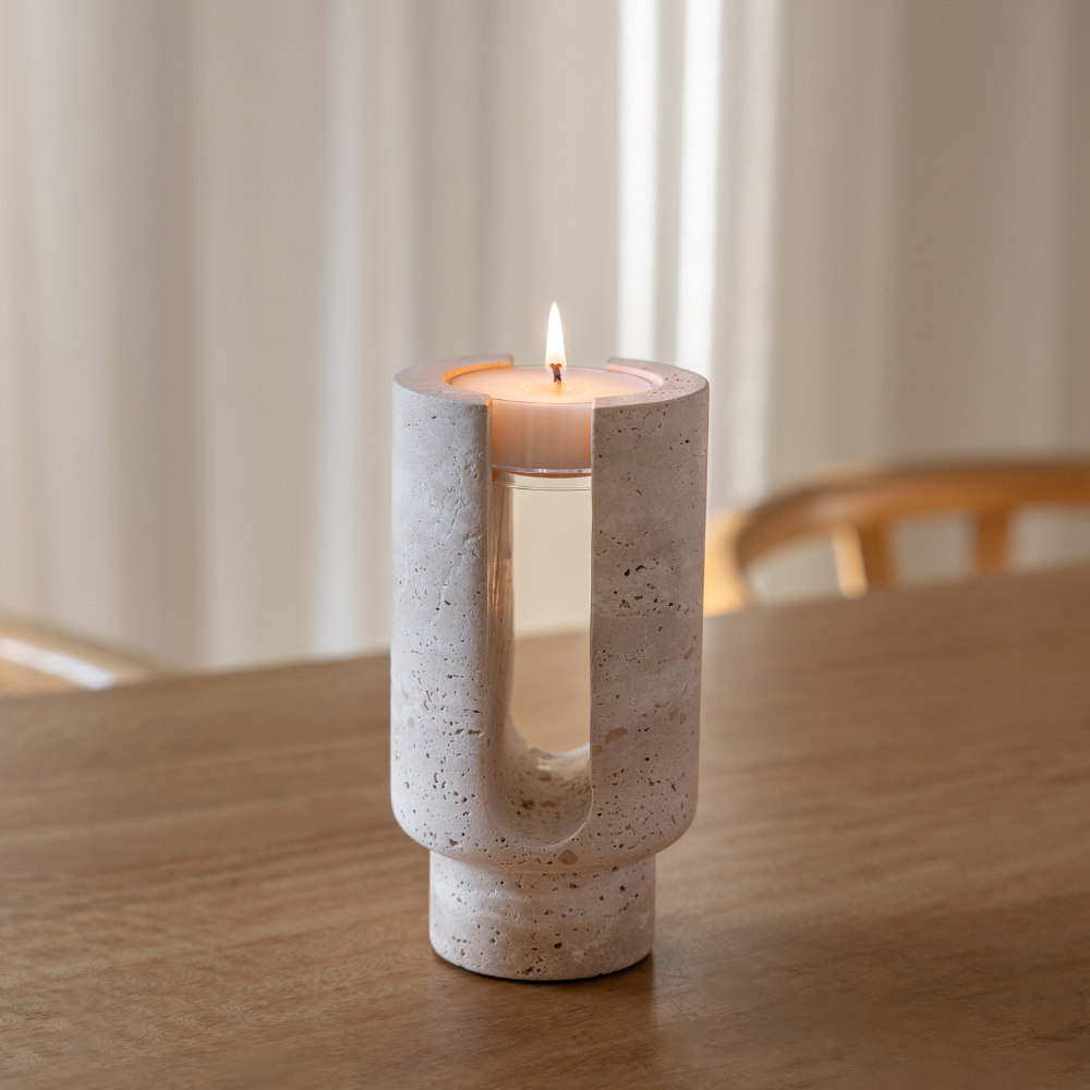 Sable Arch | Natural Stone Maxi Tea Light Candle Holder | Inc. Pack of x3 Maxi Tea Lights