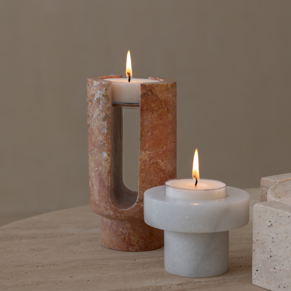 Terra Arch | Natural Stone Maxi Tea Light Candle Holder | Inc. Pack of x3 Maxi Tea Lights