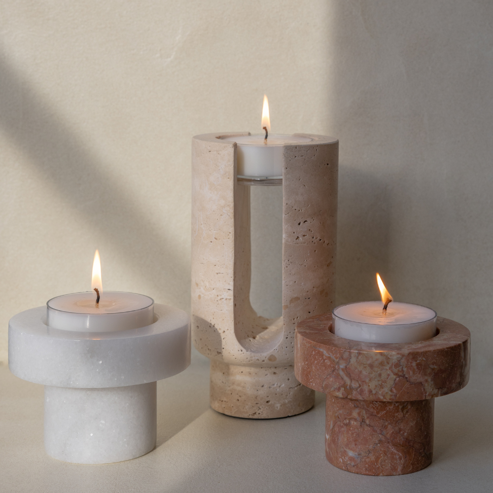 Sable Arch | Natural Stone Maxi Tea Light Candle Holder | Inc. Pack of x3 Maxi Tea Lights