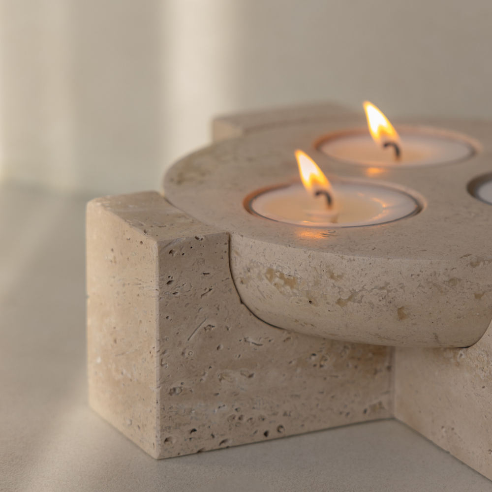 Sable Orbit | Natural Stone Maxi Tea Light Candle Holder | Inc. Pack of x3 Maxi Tea Lights