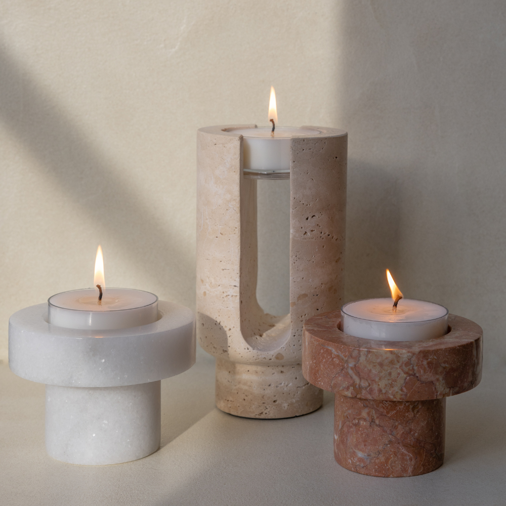 Luna Halo | Natural Stone Maxi Tea Light Candle Holder | Inc. Pack of x3 Maxi Tea Lights
