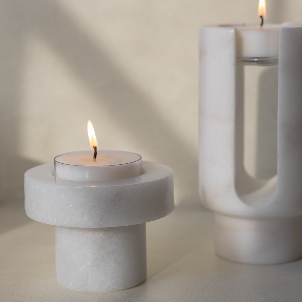 Luna Halo | Natural Stone Maxi Tea Light Candle Holder | Inc. Pack of x3 Maxi Tea Lights