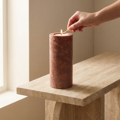 Terra Cove | Natural Stone Maxi Tea Light Candle Holder Vase | Inc. Pack of x3 Maxi Tea Lights