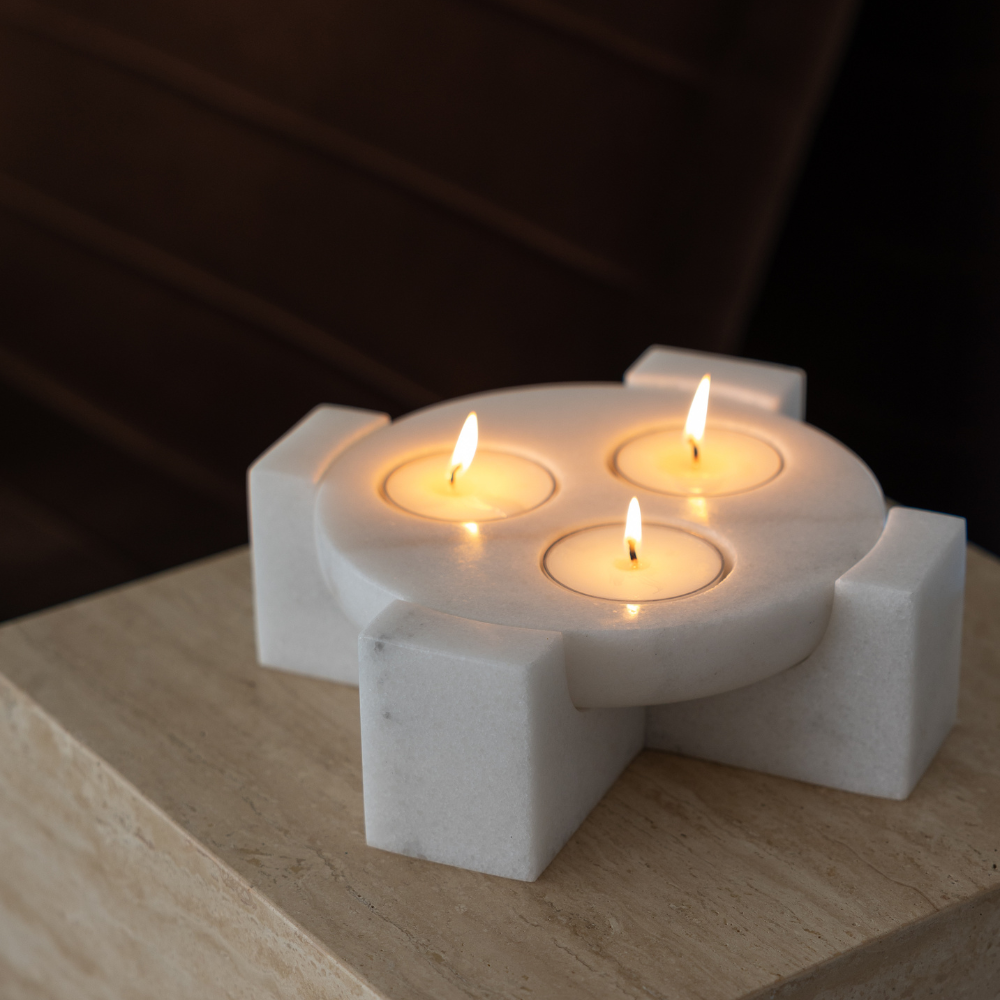 Luna Orbit | Natural Stone Maxi Tea Light Candle Holder | Inc. Pack of x3 Maxi Tea Lights