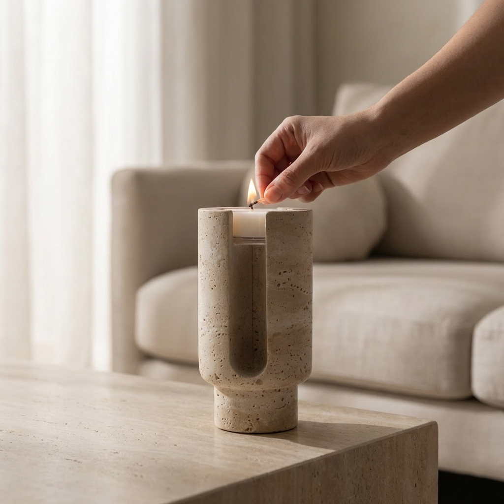 Sable Arch | Natural Stone Maxi Tea Light Candle Holder | Inc. Pack of x3 Maxi Tea Lights