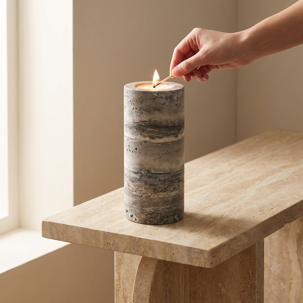 Alba Cove | Natural Stone Maxi Tea Light Candle Holder Vase | Inc. Pack of x3 Maxi Tea Lights